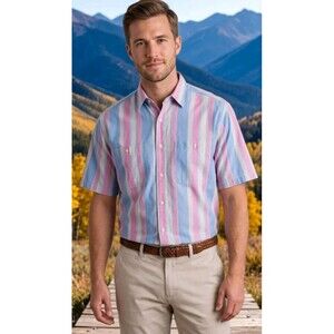 Field Gear Men's Shirt Size L Front Pockets Stripe Short Sleeve Cotton Button...